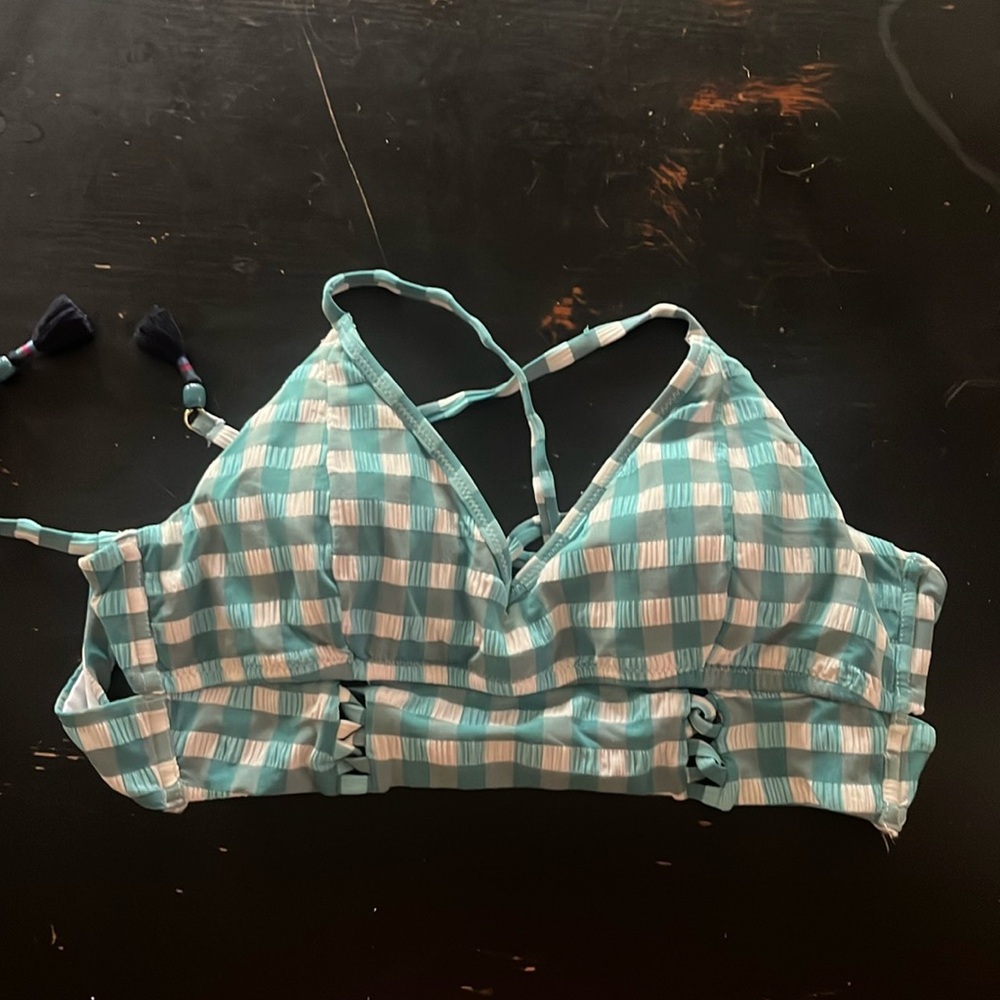 Jessica Simpson medium teal, and white checkered, swim, top, medium